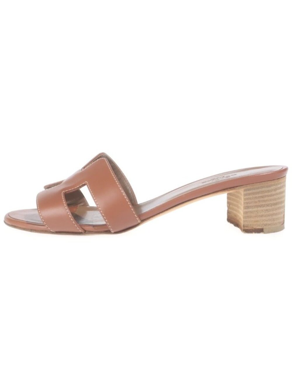 Hermes Oasis Sandals Logo Leather Low Heels Gold Brown